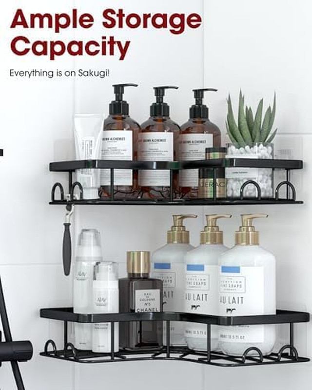 Corner Shower Caddy 2 Pack Adhesive Stainless Steel Shower Shelf Black Hooks Set gallery