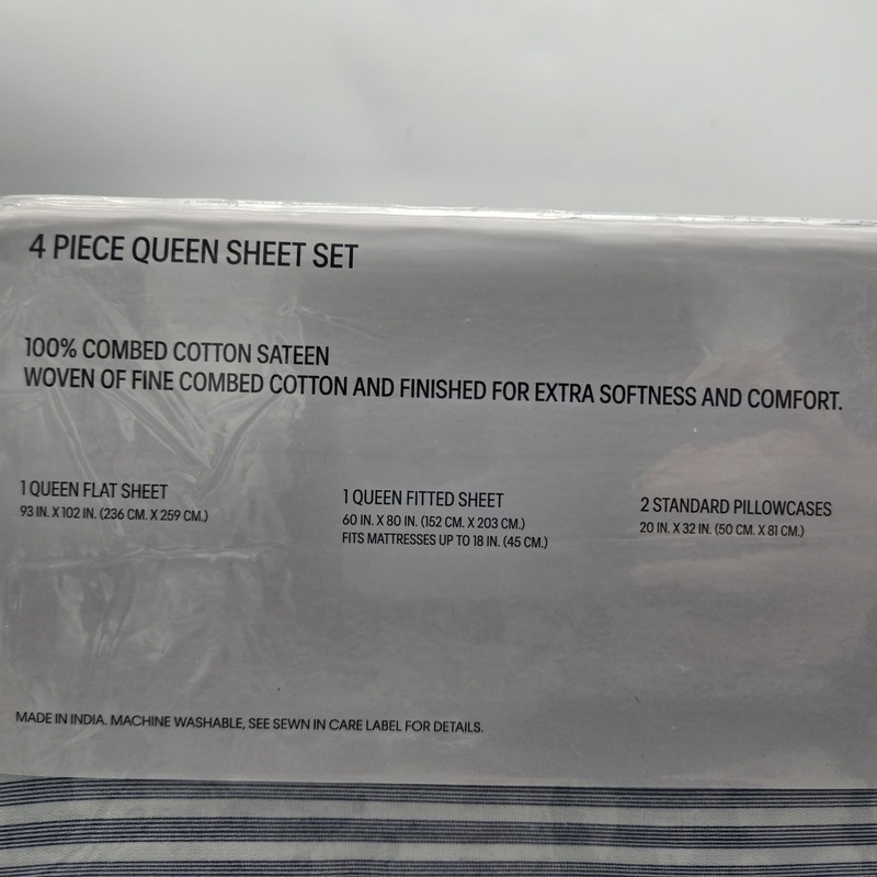 Calvin Klein Queen Sheet Striped 100% Cotton Combed Sateen White Blue 4Pc Set gallery