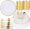 175 PCS White Gold Plastic Plate Set 25 Dinner Dessert Cups Napkin Wedding gallery