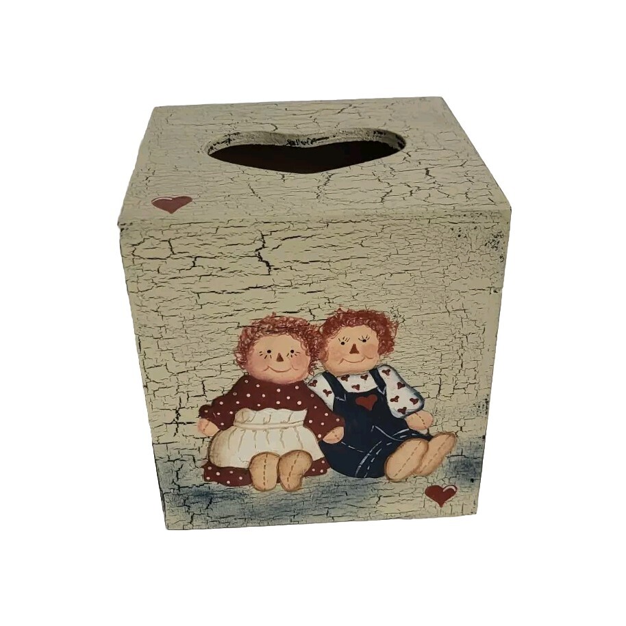 Raggedy Ann & Andy Square Wood Tissue Box Cover Hand Painted HEART SHAPE SLOT gallery