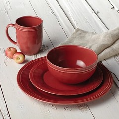 Dinnerware Set Red Stoneware Round 16 Piece Dinner Plate Bowl Mug Family Service