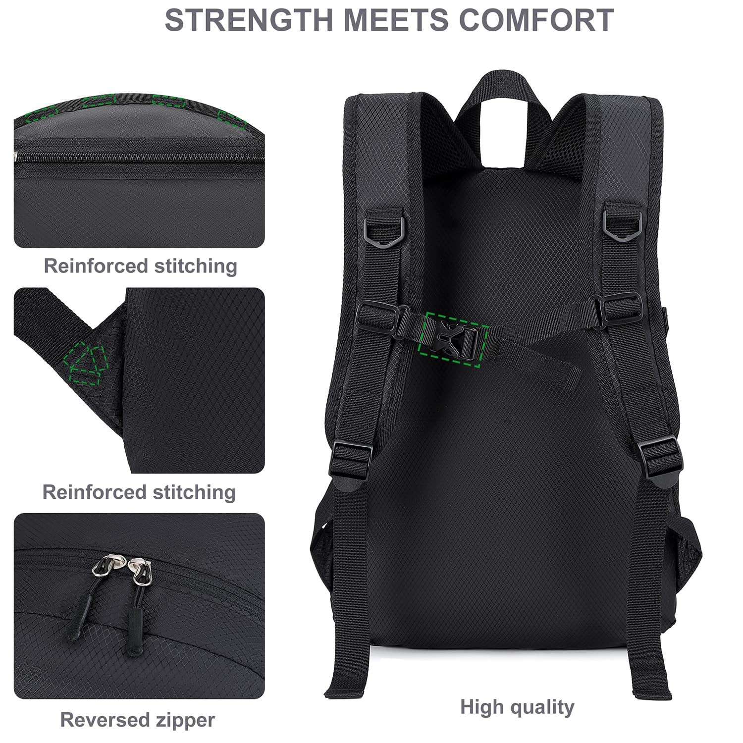 Lightweight Packable Foldable Travel Backpack WaterResistant Hiking Black 3