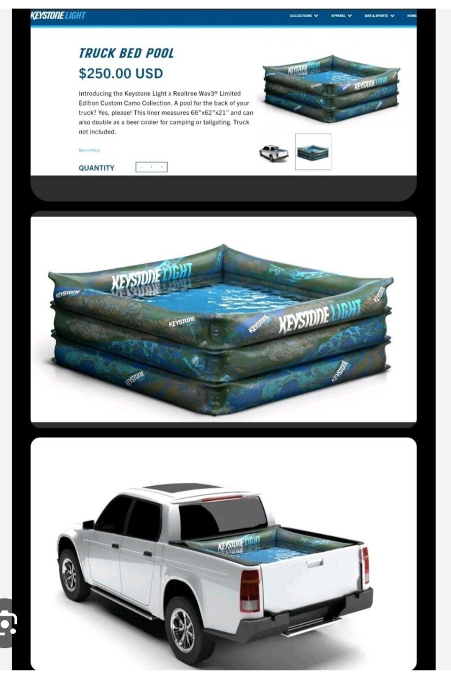 NEW REALTREE KEYSTONE LIGHT CAMOUFLAGE INFLATABLE TRUCK BED SWIMMING POOL/COOLER gallery