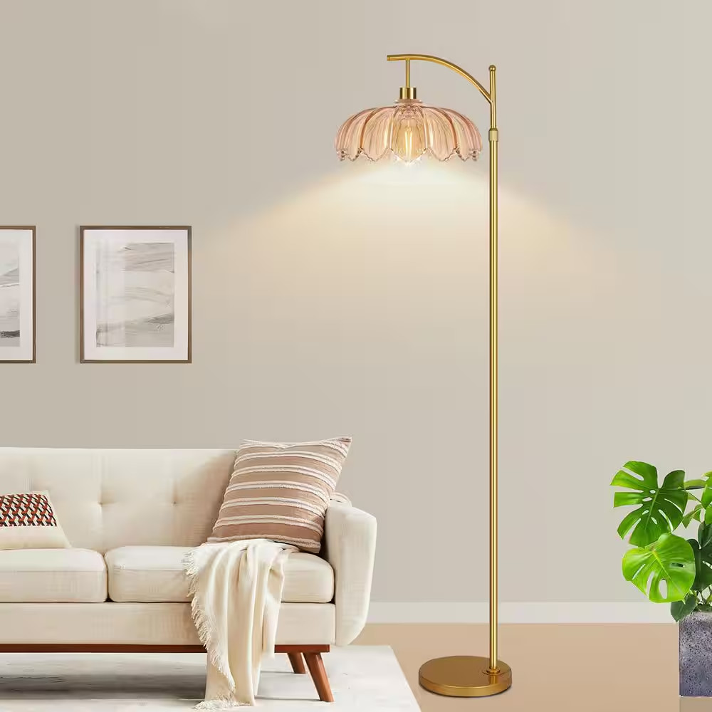 69-Inch Gold Metal Retro Dimmable Yellow Shade Curved LED Floor Lamp gallery