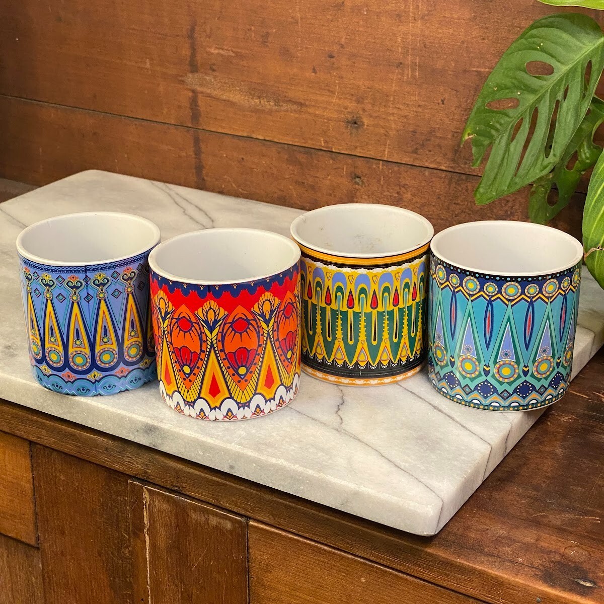 Ceramic Succulent Cactus Indoor Pot Red Blue Yellow Mandala Pattern ~ Set of 4 gallery