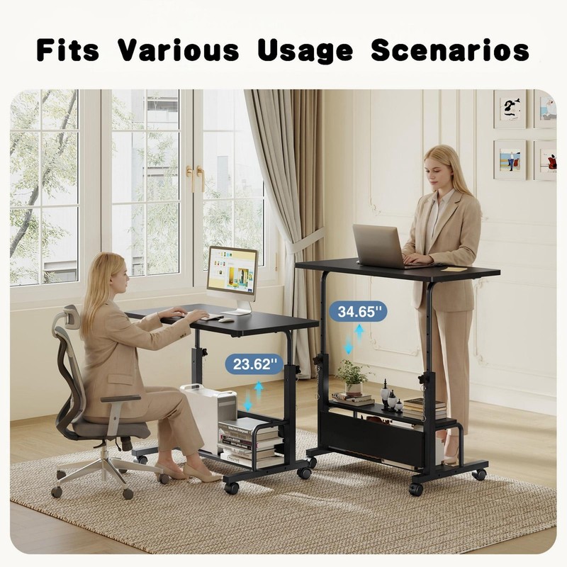 31.5'' Adjustable Height Rolling Computer Desk with Storage Shelves, gallery