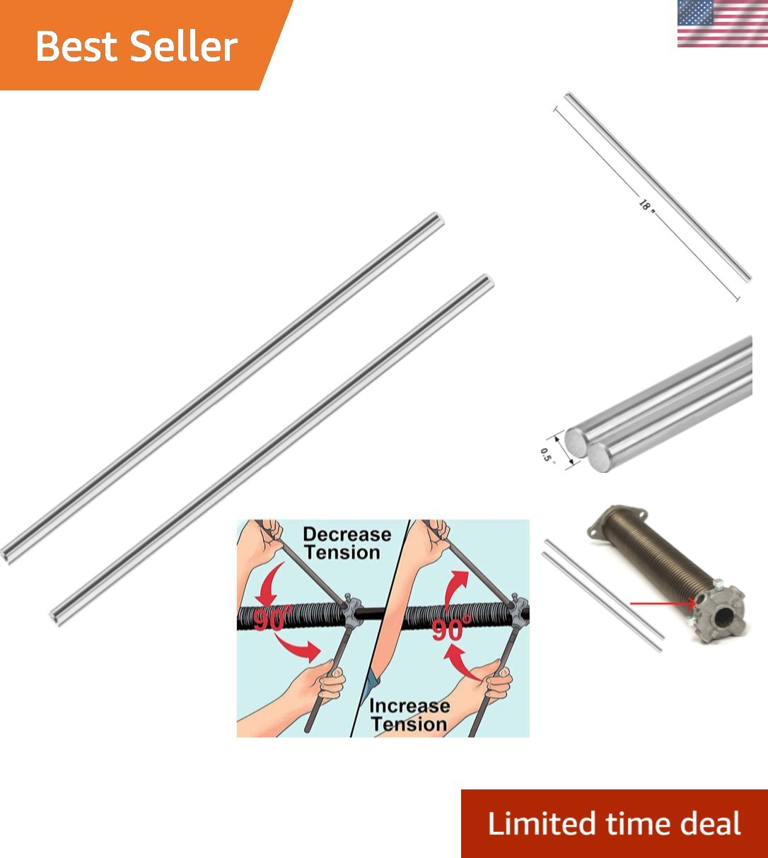 2-Pack Heavy Duty 18 Inch Steel Winding Rods for Tension Springs - Garage Tool gallery