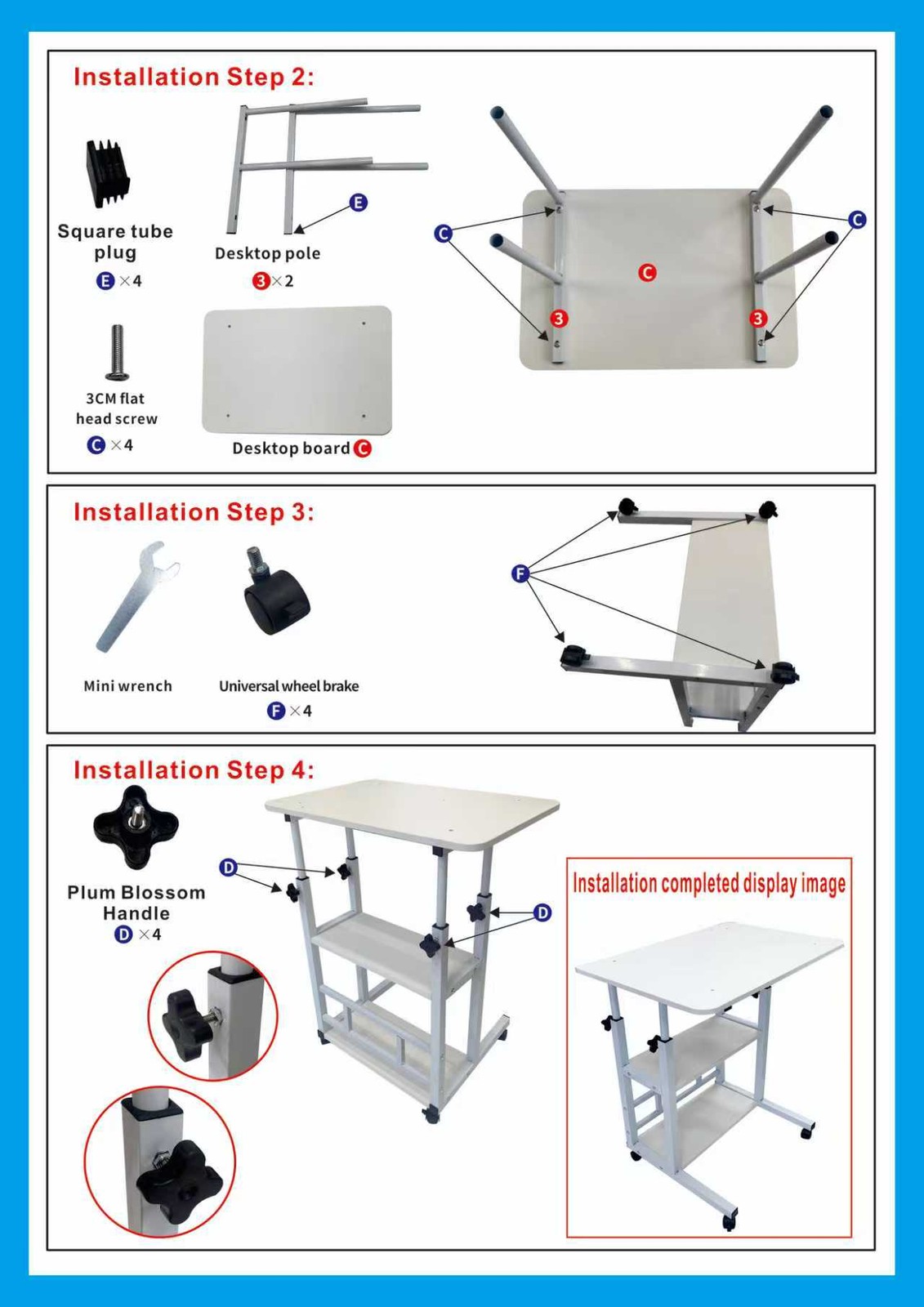 3 Tier Rolling Computer Desk Laptop Table Height Adjustable Study Table 60x40cm gallery