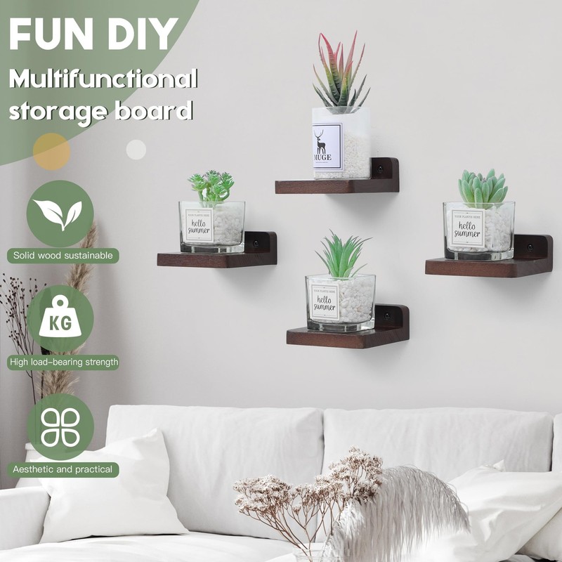 Small Floating Display Ledge Wall Shelf 4x4 Inch Rustic Dark Walnut 8 PCS gallery