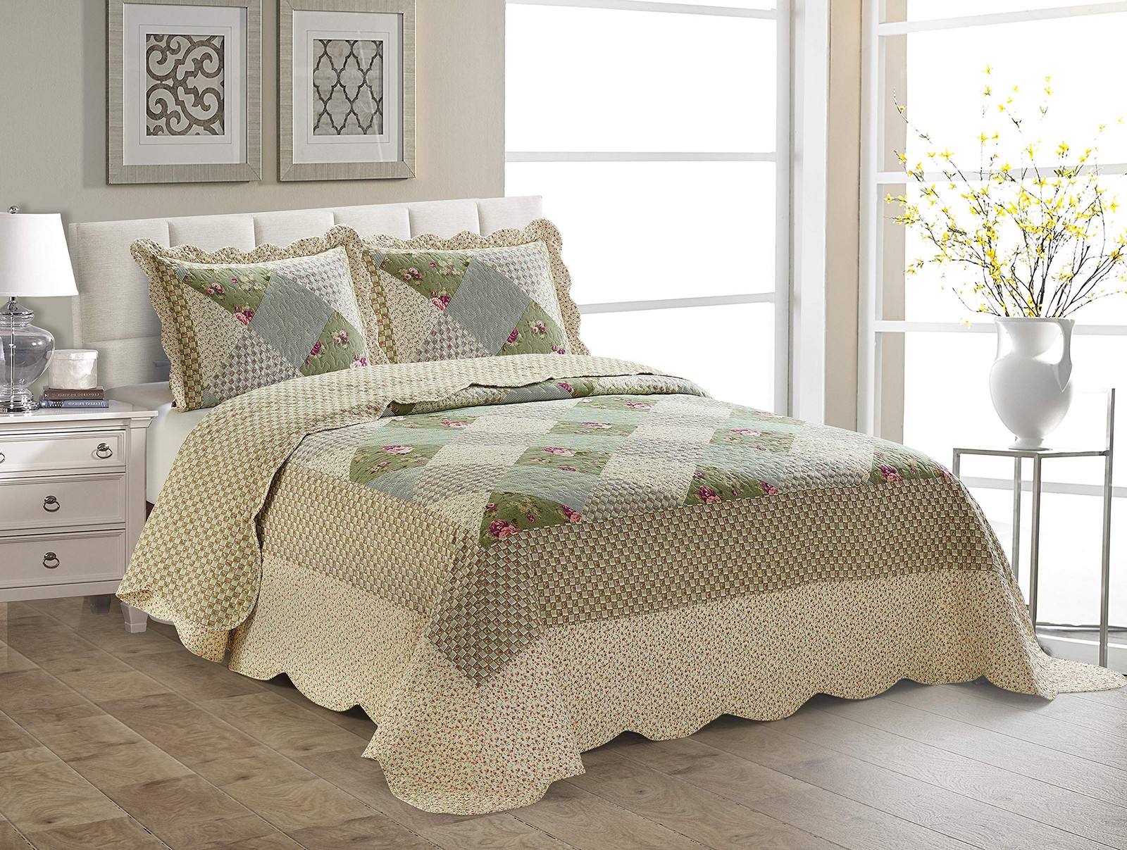 Over Sized Quilted Coverlet Bedspread Set New (King/California King, Beige Green gallery
