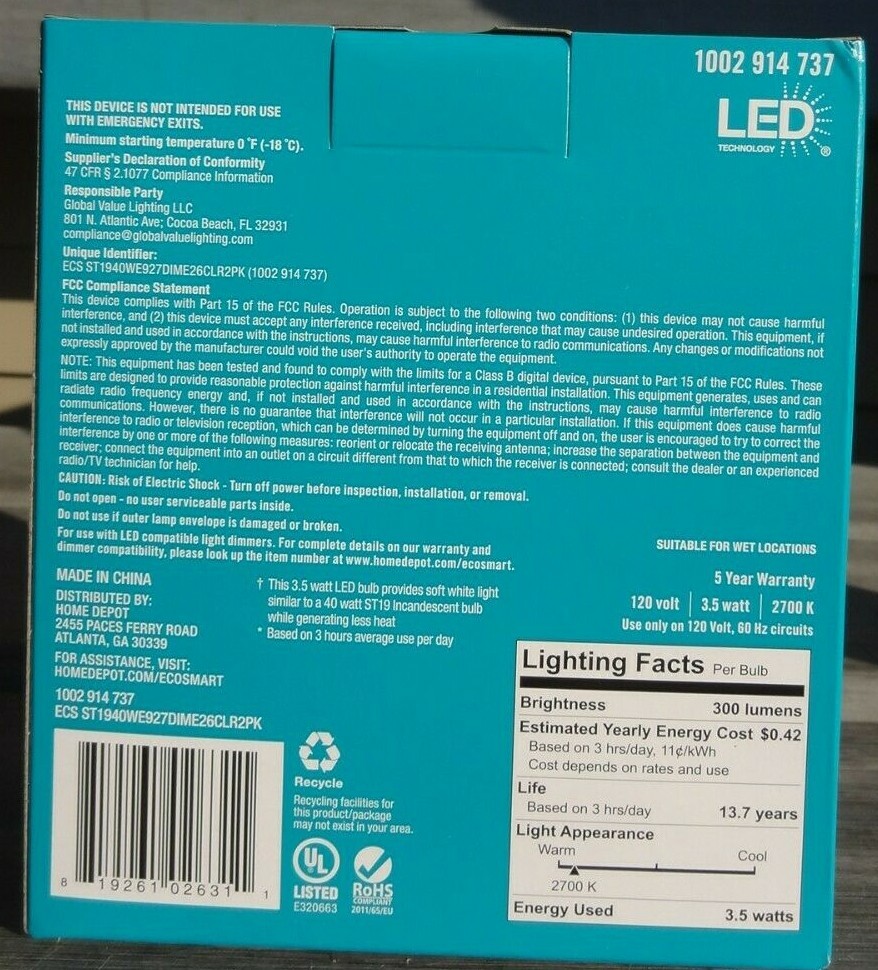 EcoSmart 40W ST19 Antique Dimmable 300 Lumens 3.5 W Vintage LED Light Soft White gallery