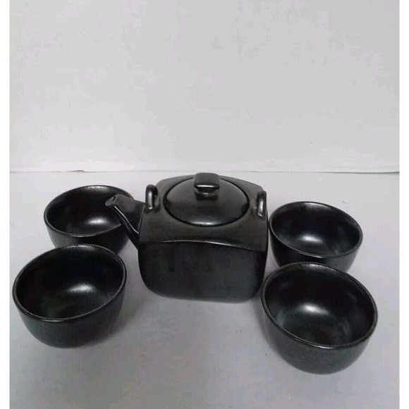Matte Black Ceramic Tea Set 5pc Square Teapot and 4 Tea Cups Minimalist Modern gallery
