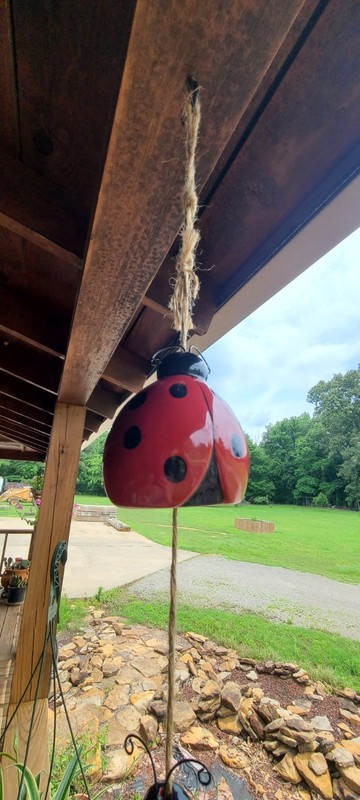 Ceramic Ladybug Wind Chime Red & Black Polka Dots & Stripes Jute String gallery