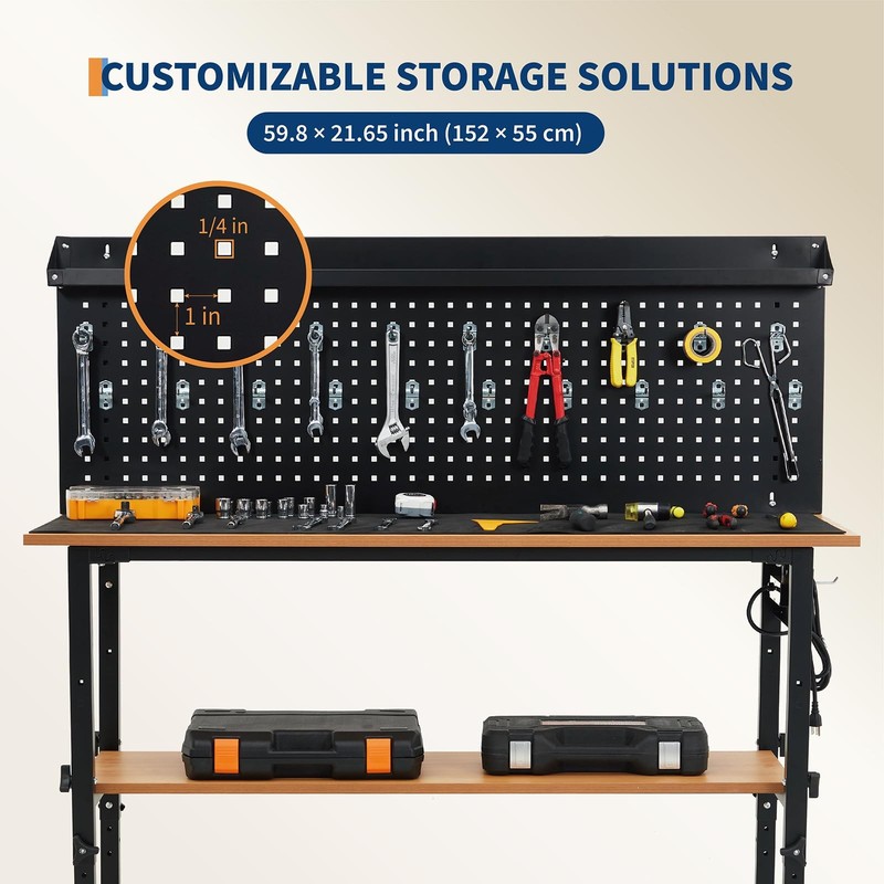 Adjustable Workbench, 60" Work Bench with Power Outlet, Pegboard 2200 Lbs Load gallery