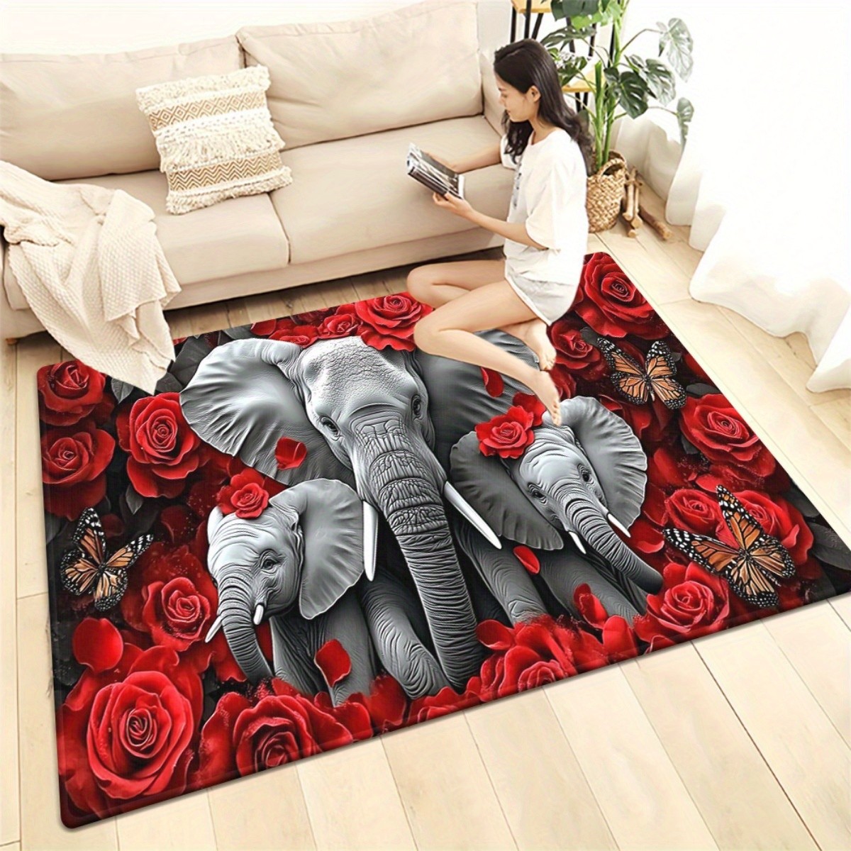800g/m2 Elephants and Red Roses Printed Carpet,Kitchen Rugs,Yoga Mat,Non-Slip B gallery