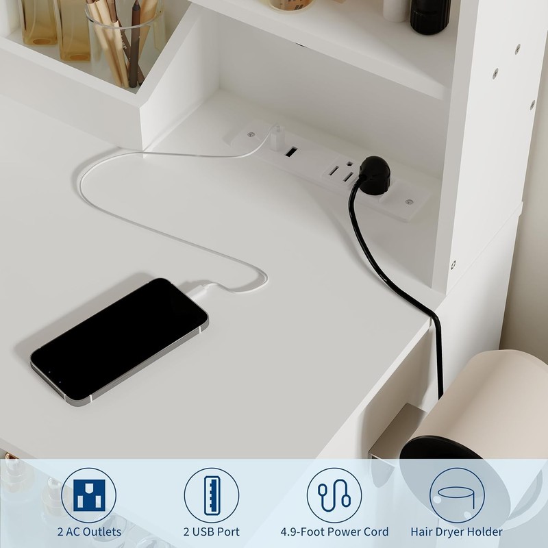 GARVEE LED Dressing Table with 2 Drawers, Hair Dryer Rack & Adjustable Lights gallery