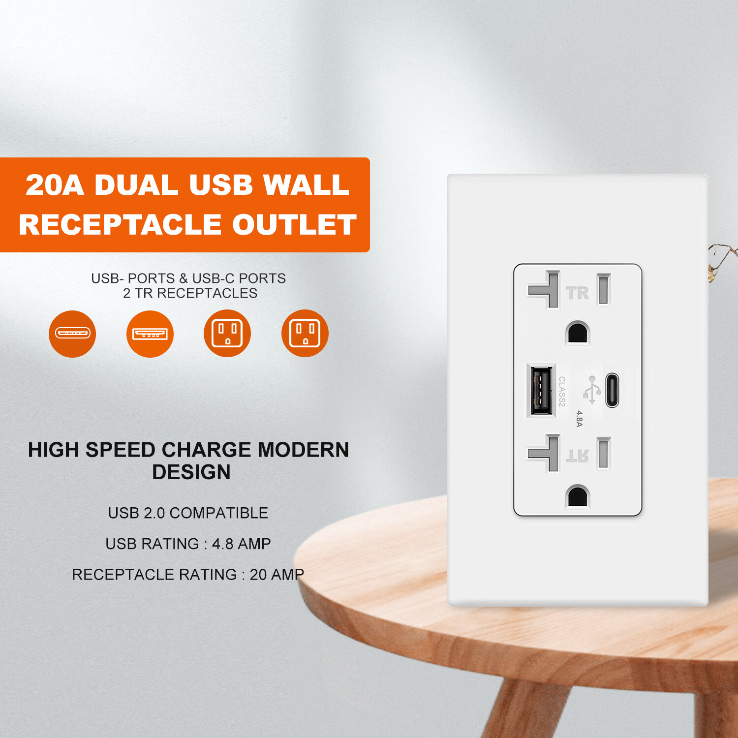 USB Type C 4.8A Wall Outlet Dual High Speed Duplex Receptacle 20 Amp, Smart Fast gallery