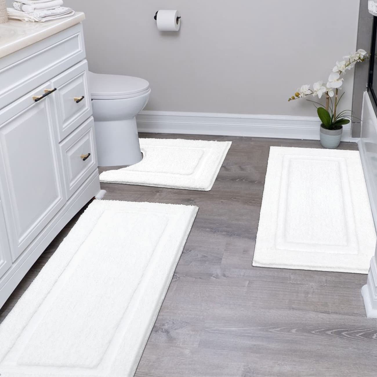 3 PCS White Bathroom Rugs Set Non Slip Washable 20x32 20x47 20x24 Inch gallery