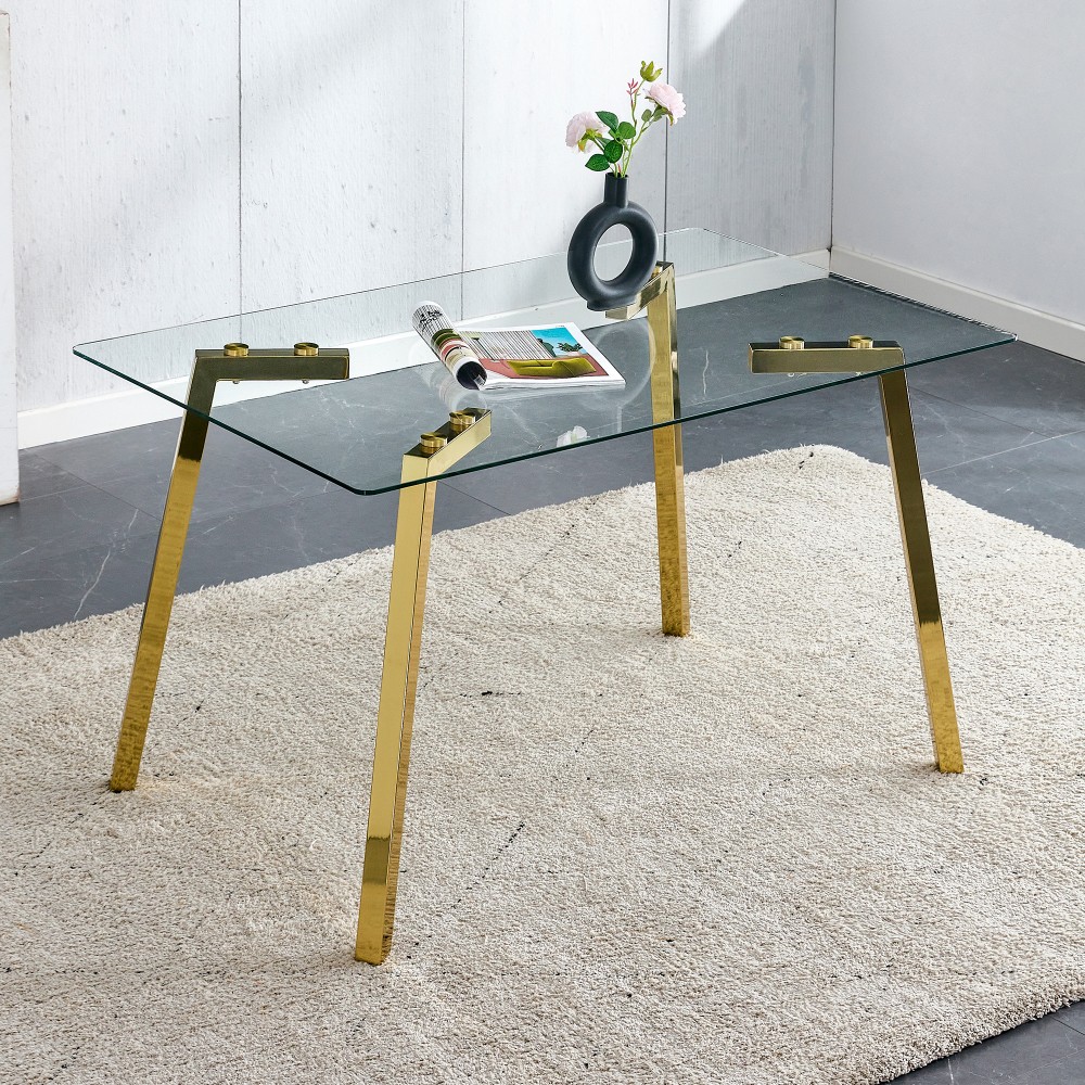 Modern Rectangular Glass Dining Table with Golden Legs 51x31.5x29.5in