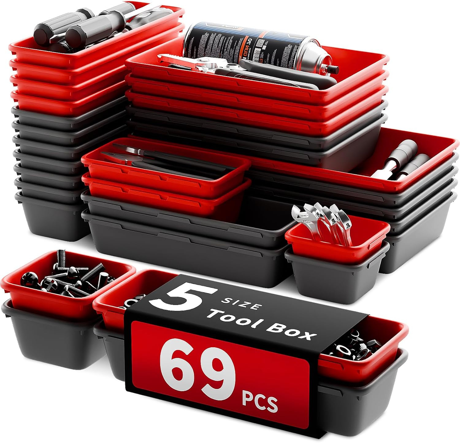 [5 Sizes] [69 PCS] Tool Drawer Organizer, Desk Tray, Rolling Chest, Toolbox (Bla gallery