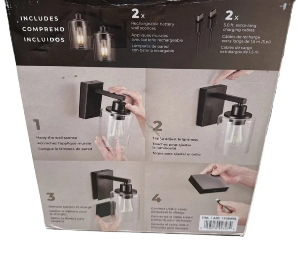 2pk Wall Sconce Lights Battery Rechargeable Globe with Black Base gallery