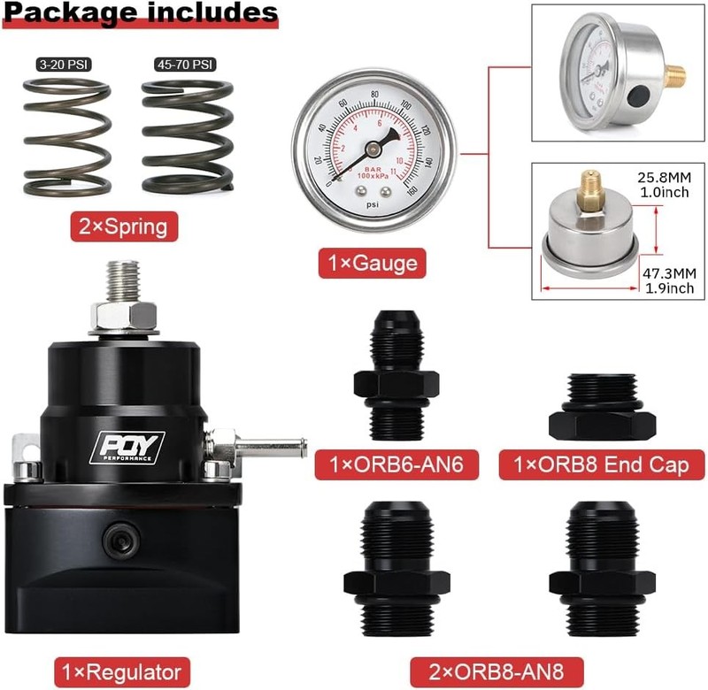 Adjustable Fuel Pressure Regulator Kit 3-70PSI with AN8 Feed Port and AN6 Return gallery