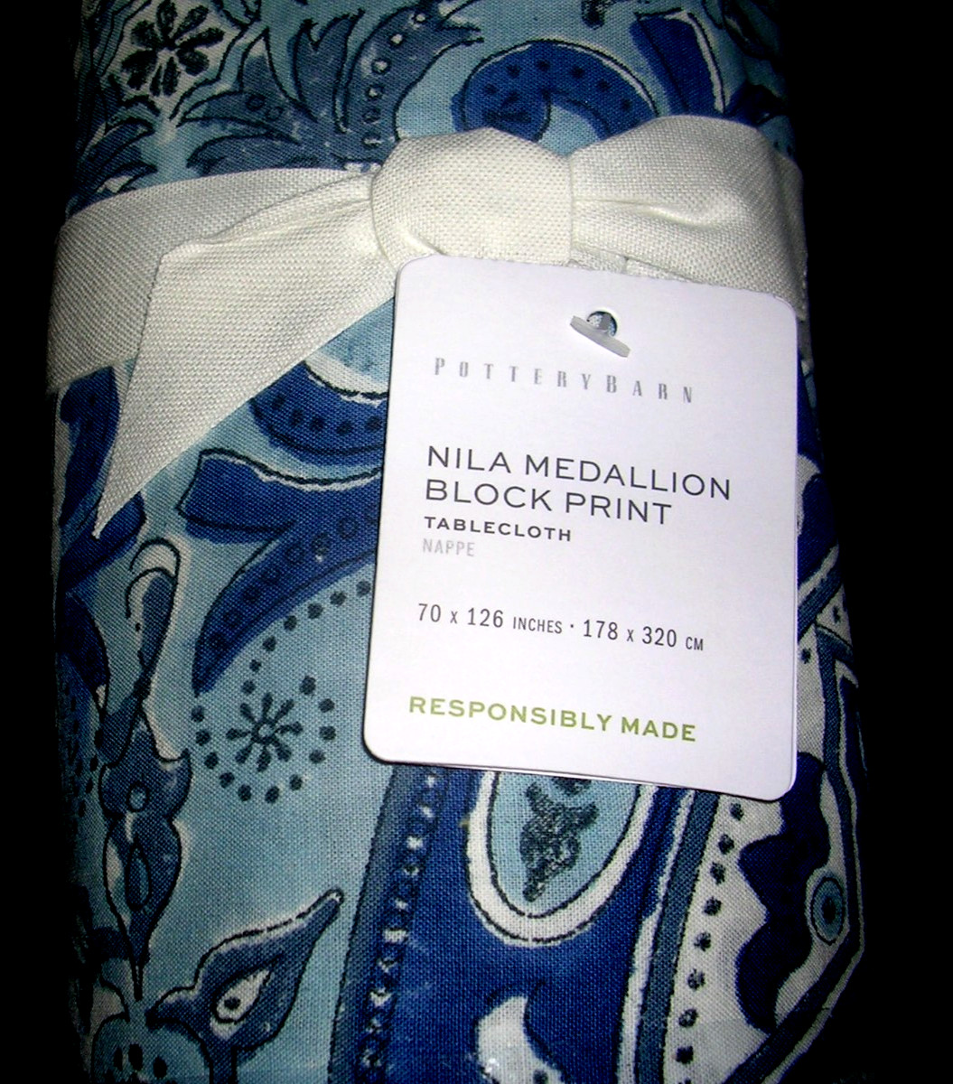 POTTERY BARN NILA MADALLION BLOCK PRINT TABLECLOTH 70 X 126 IN 100% COTTON NWTGS gallery