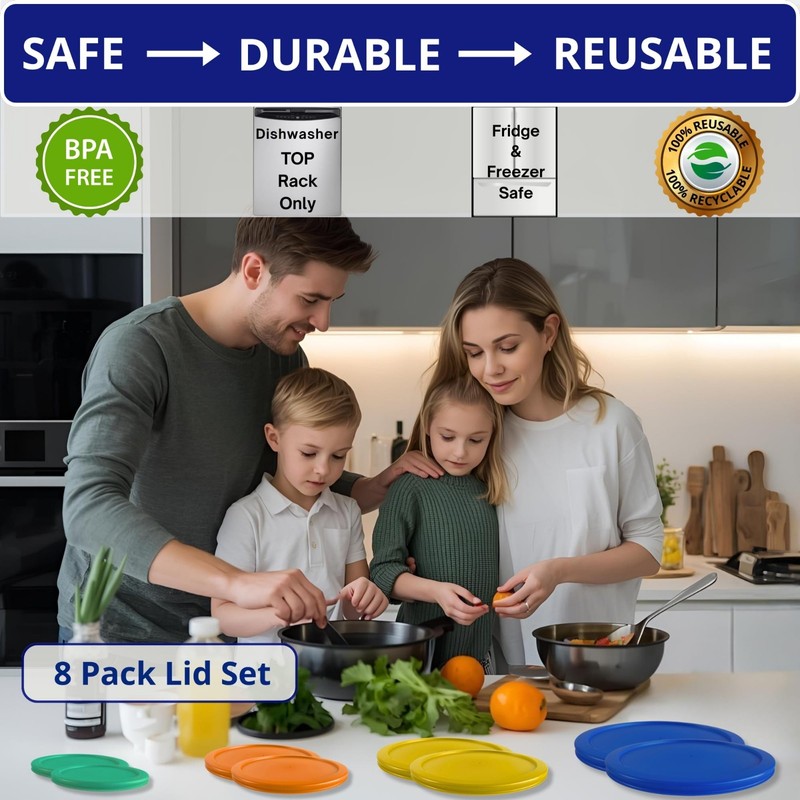 Replacement Lids for Pyrex & Anchor Hocking Bowls - 8 Pack, 1-7 Cup, Colorful Co gallery