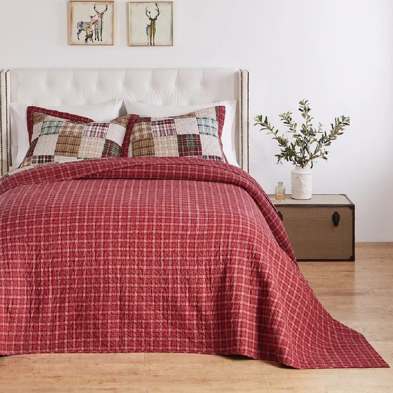 Quilt Set King Red Tan Patchwork Cotton Plaid Reversible Traditional Bedding gallery