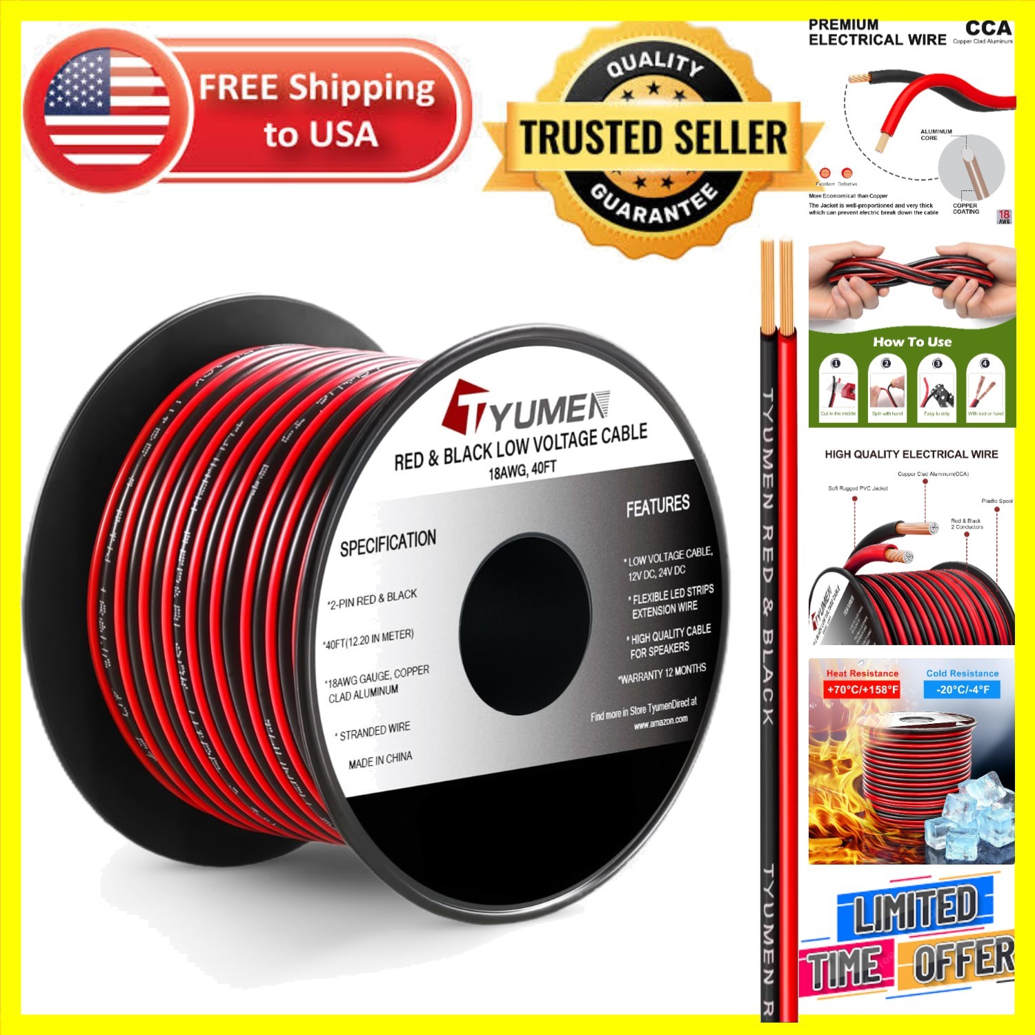 18AWG 40FT Red & Black LED Cable - Ideal for 12V/24V Low-Voltage Installations gallery
