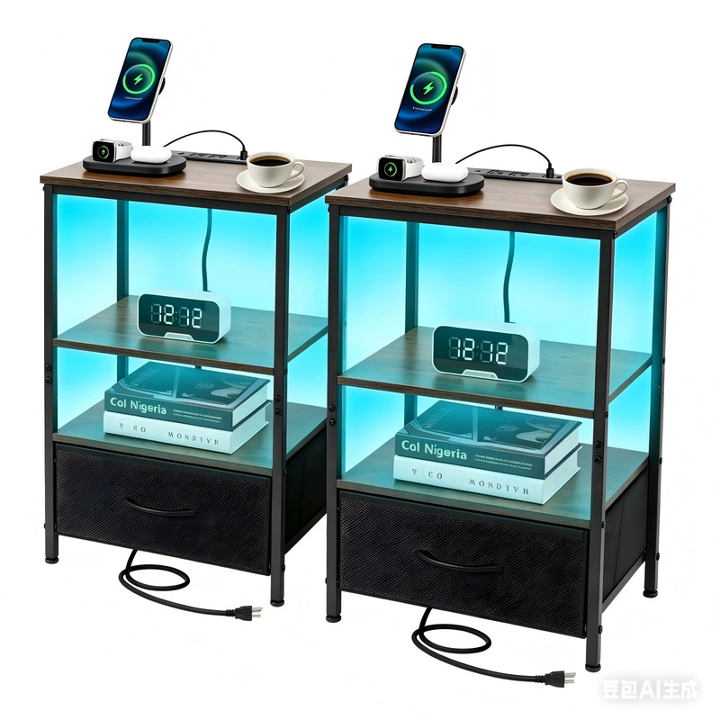 2 PACK LED Nightstand With Charging Station 1 Drawer Night Stand Bedside Table gallery