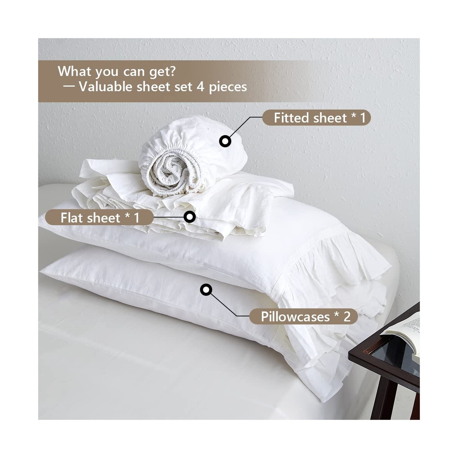 Belgian Linen Sheet Set with Long Ruffles 4pcs (1 Flat Sheet, 1 Fitted Sheet ... gallery