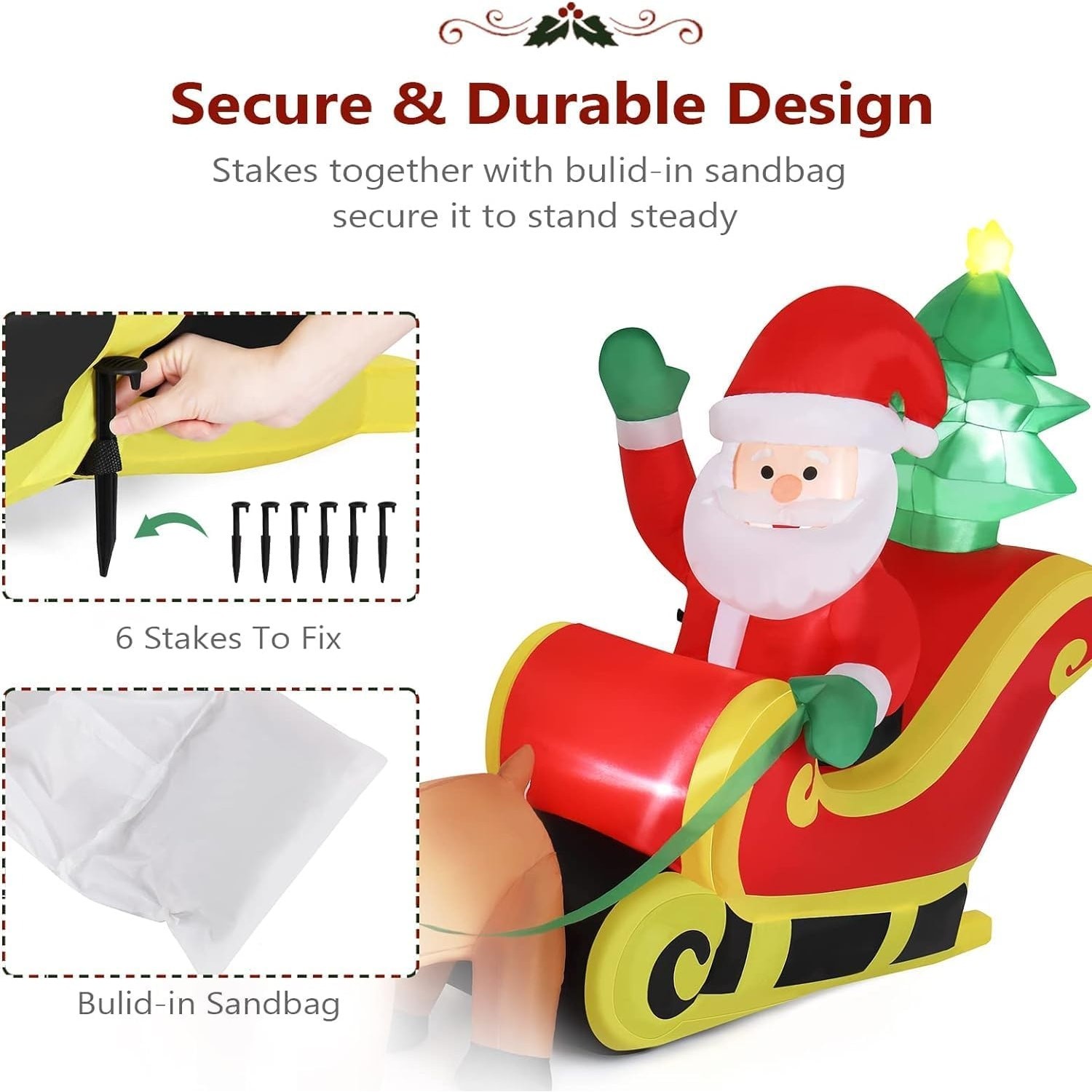 VINGLI 10FT Outdoor Inflatable Light-Up Christmas Decor; Santa Sleigh & Reindeer gallery