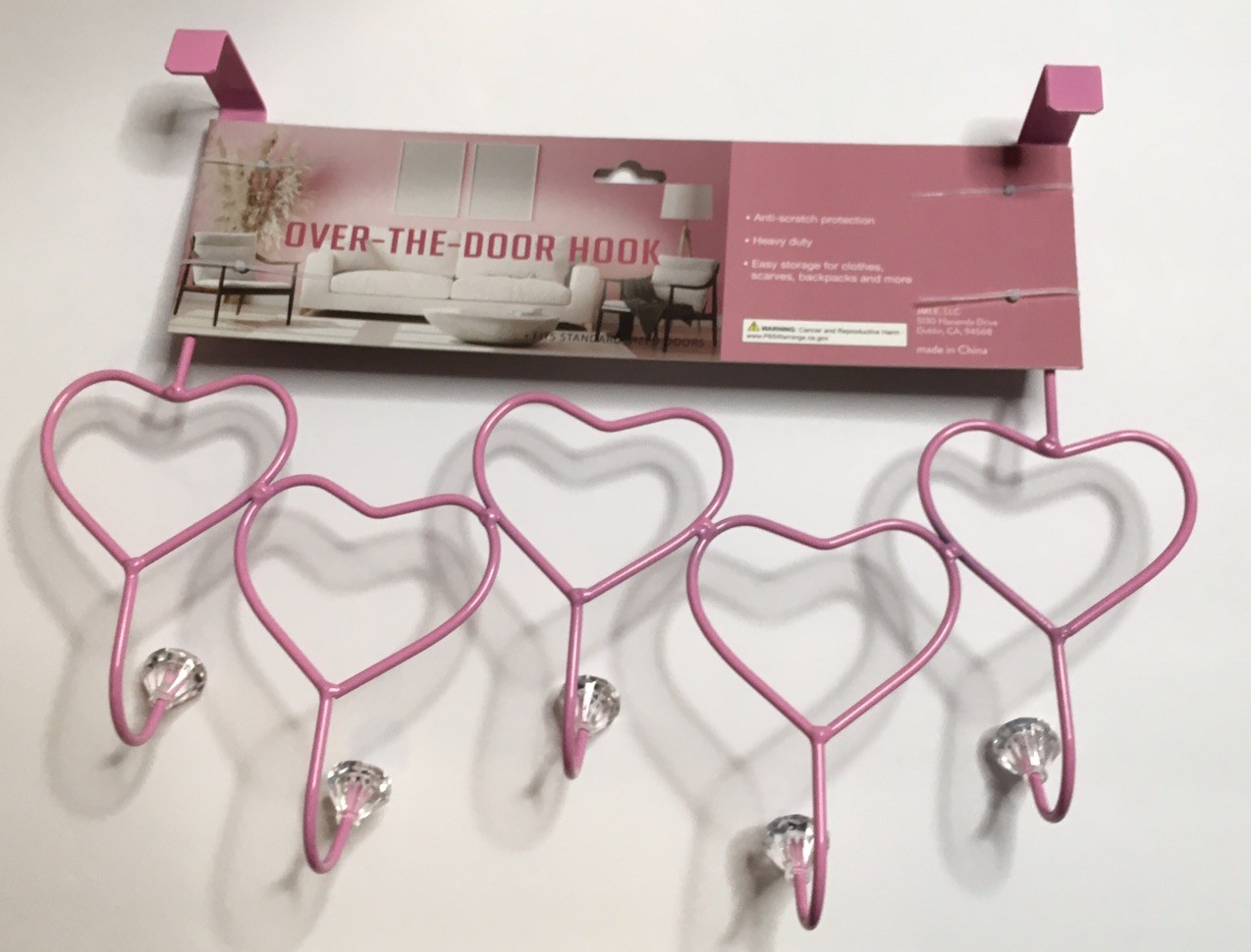 PINK METAL HEART & ACRYLIC CRYSTALS HOOKS 5 OVER THE DOOR COAT-TOWEL RACK NWT gallery