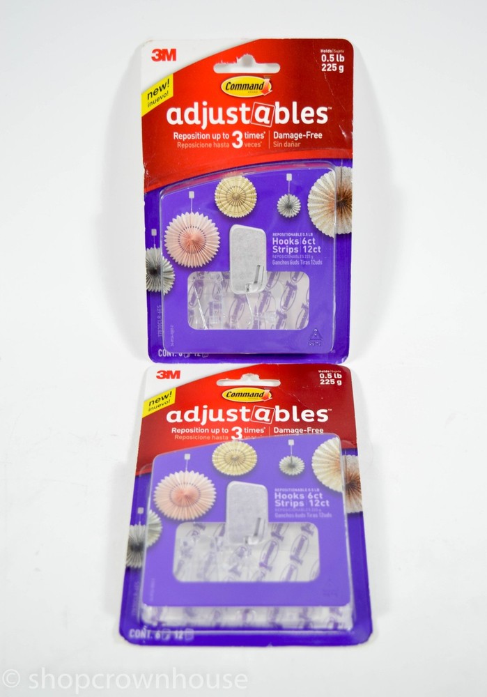 2pk 3M Command Adjustables 6 Clear Clips 12 Strips Damage Free 17830CLR-6ES pack