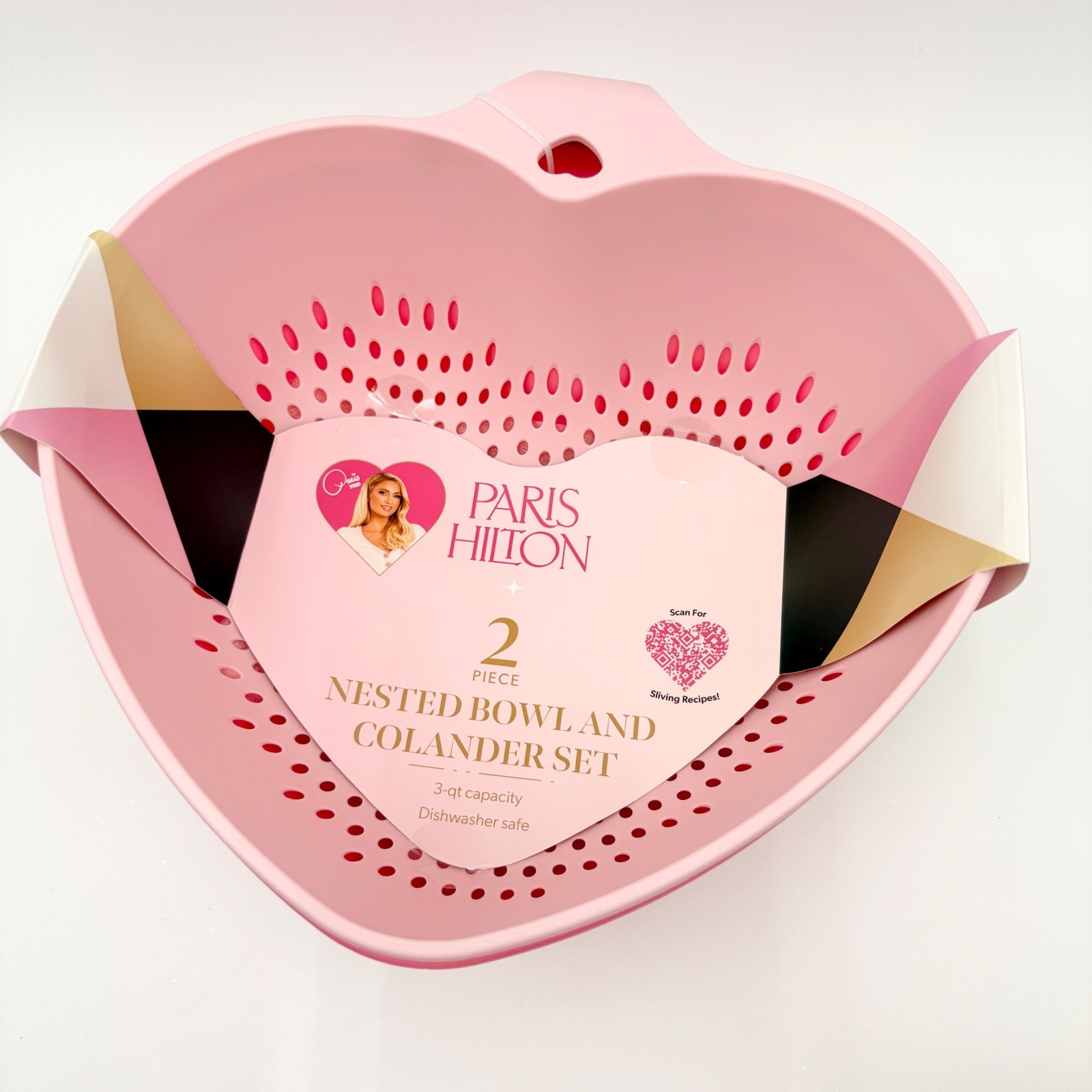 Paris Hilton Heart Shaped 2 Piece Nested Bowl and Colander Set Pink 3qt gallery