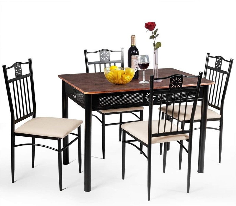 Sturdy Dining Table Set with Dark Brown Wood Top and Easy Assembly Instructions gallery
