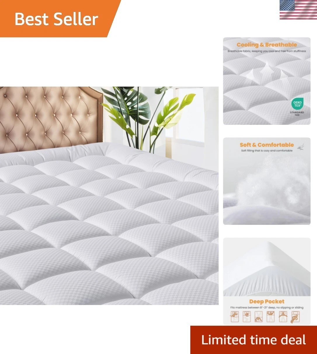 Machine Washable Queen Mattress Topper - Soft Quilted Cooling Protector gallery