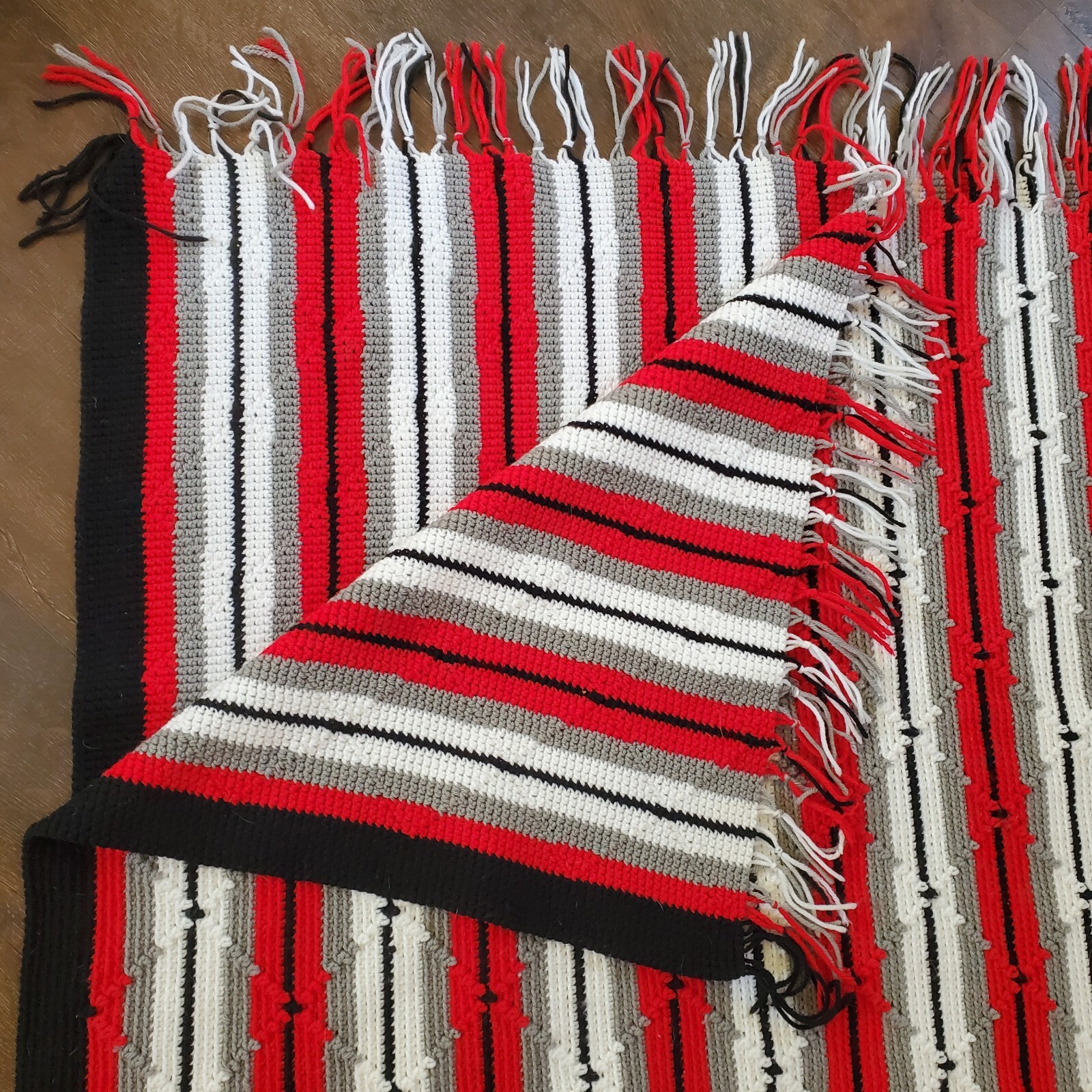 Handmade Blanket, Afghan, Crochet - Red, White, Gray, Black Tribal 48 X 72" gallery