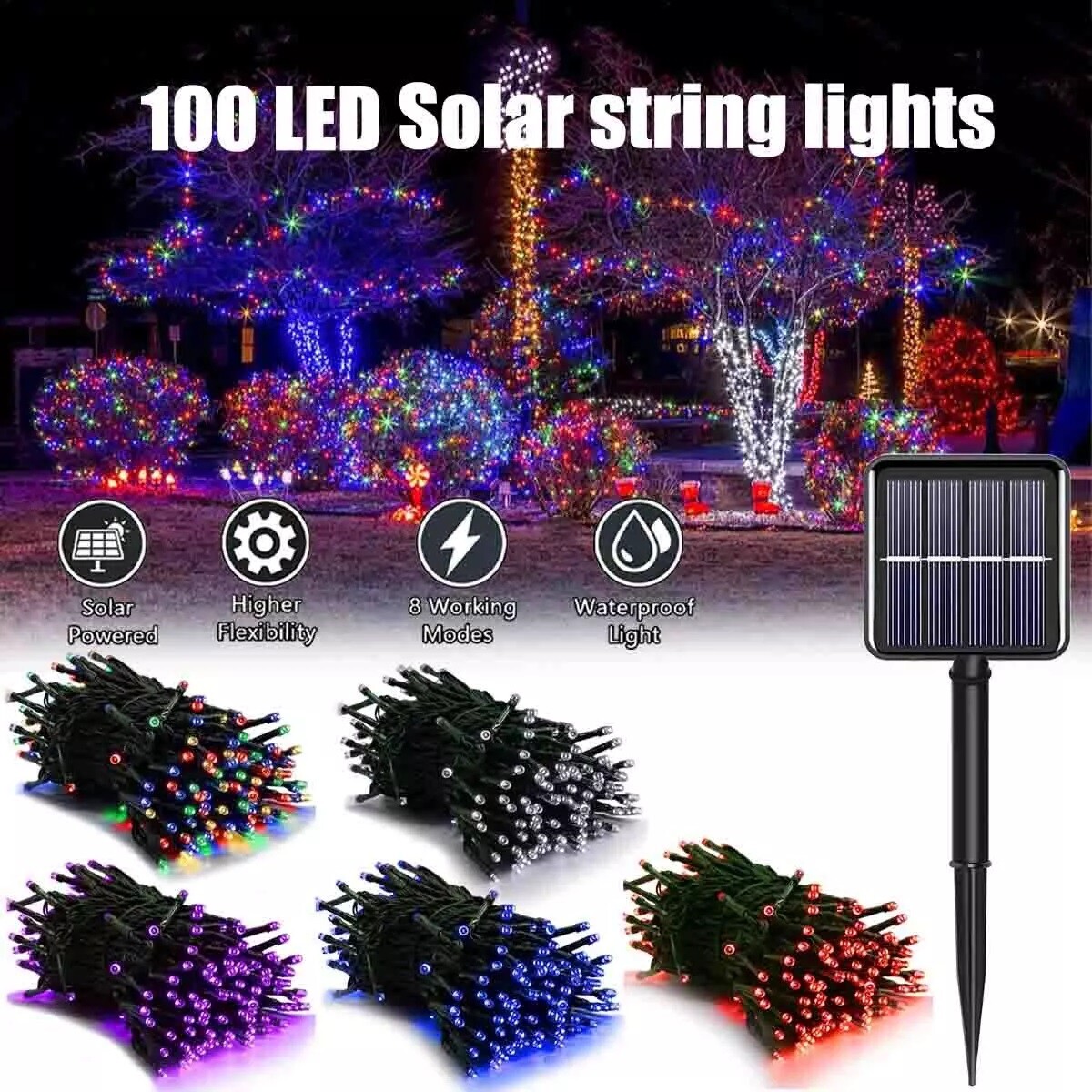 Solar Powered 100 LED String Lights Outdoor Waterproof Garden Christmas Lights gallery