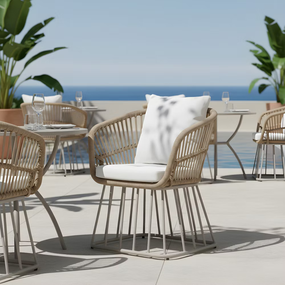 ModernLuxe Outdoor Wicker Dining Chair, Teak Finish Wicker & Beige Steel Frame, gallery