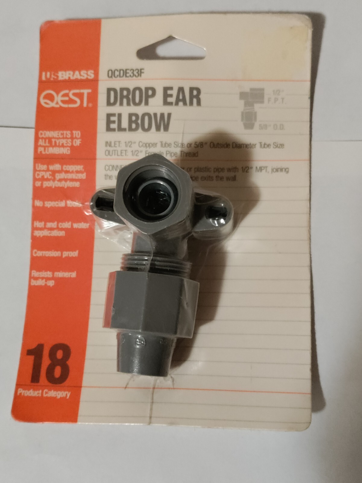 Qest QCDE33F, #18, Drop Ear Elbow Inlet 1/2" CTS or 5/8" O.D., Outlet 1/2" FPT gallery
