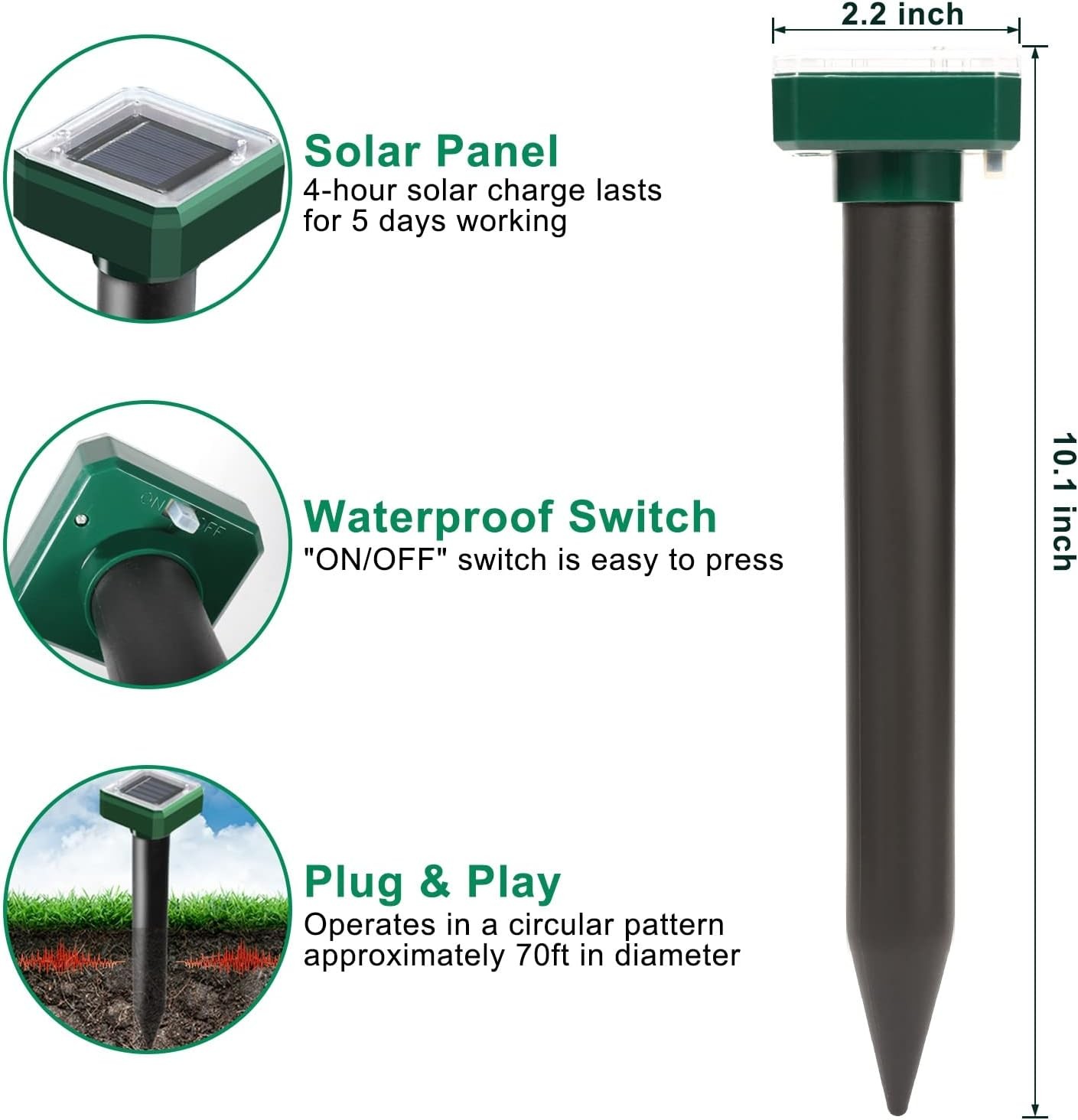 4 Pack Solar Mole Repellent Ultrasonic Vole Snake Gopher Deterrent Waterproof gallery