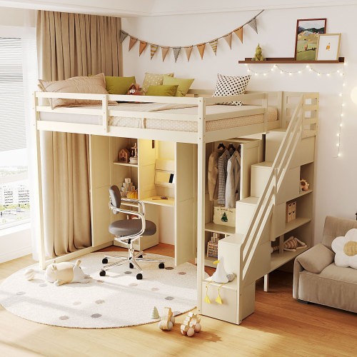 Full Size Loft Bed with Storage Stairs,Wardrobe Dressing Table Mirror LED Lights gallery