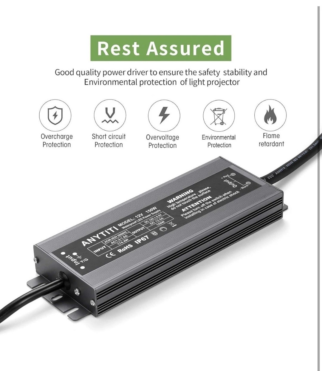 150W DC12V 12.5A LED Driver Power Supply IP67 Waterproof with 3-Prong Plug gallery