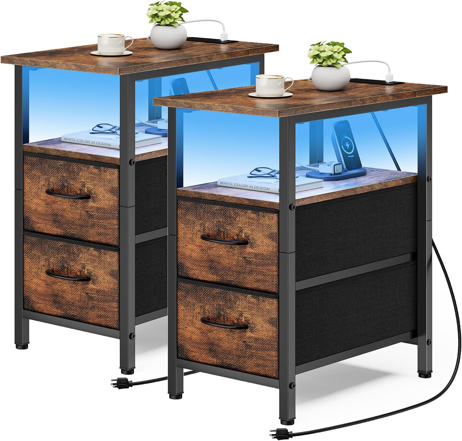2-Pack Rustic Brown Nightstands with Charging Station & LED Lights gallery