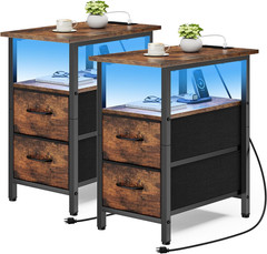 2-Pack Rustic Brown Nightstands with Charging Station & LED Lights