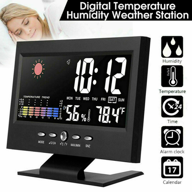 LED Digital Alarm Clock Snooze Calendar Thermometer Hygrometer Weather Display gallery
