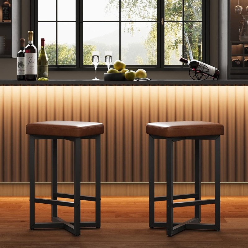 2X Backless Bar Stools Upholstered PU Leather Seat with Metal X-Frame&Footrest gallery