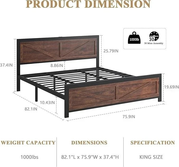 LED Bed Frame King Size with Charging Station Rustic Brown Wood Platform Bed NEW gallery